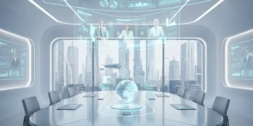 Futuristic virtual meeting environment with holographic displays and diverse remote teams collaborating.