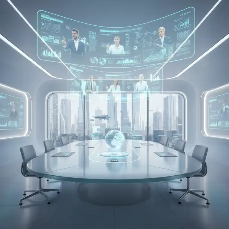 Futuristic virtual meeting environment with holographic displays and diverse remote teams collaborating.