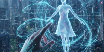 Human hand interacting with a holographic AI companion interface, representing future digital connection.