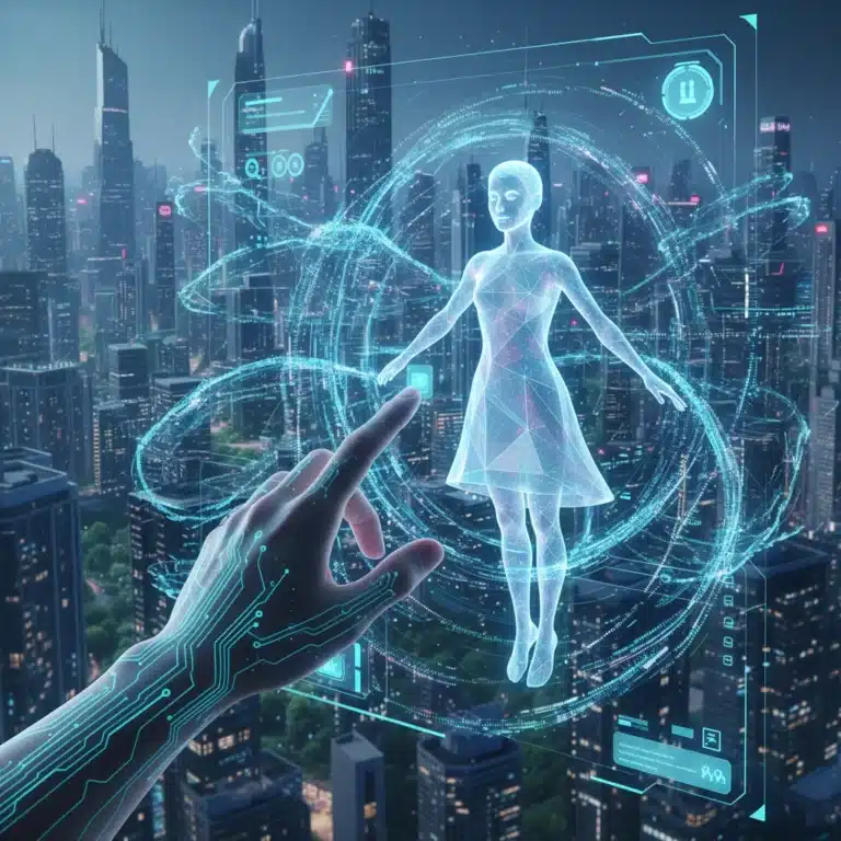 Human hand interacting with a holographic AI companion interface, representing future digital connection.