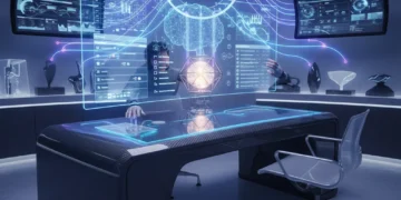 Futuristic desk with holographic display showcasing AI productivity tools saving time.