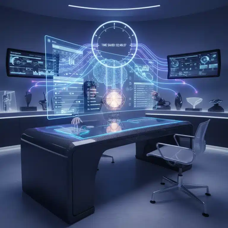 Futuristic desk with holographic display showcasing AI productivity tools saving time.