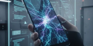Futuristic smartphone displaying AI neural network processing