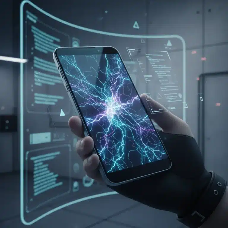 Futuristic smartphone displaying AI neural network processing