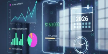 Futuristic budgeting app interface on a smartphone with financial data and savings