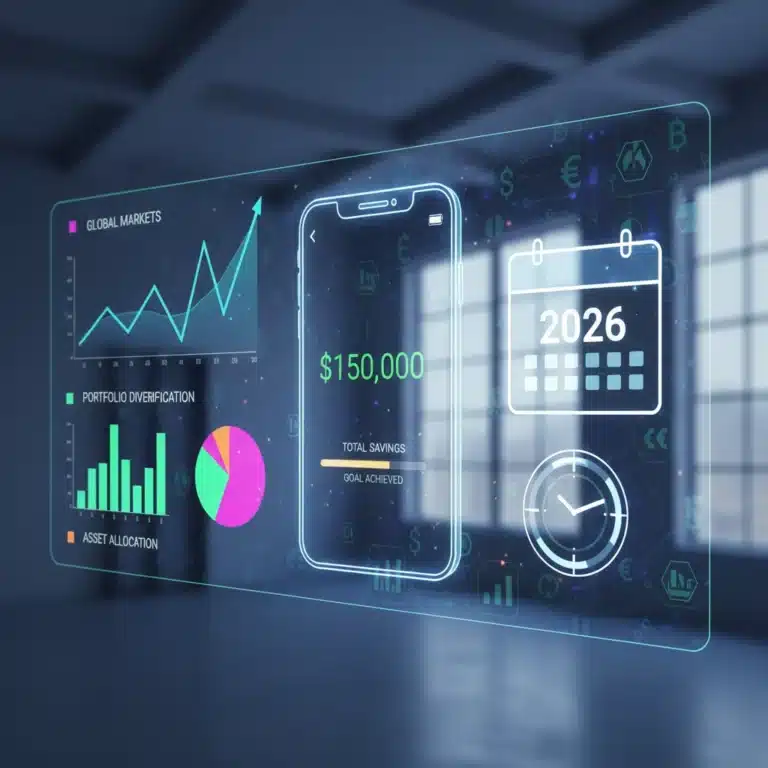 Futuristic budgeting app interface on a smartphone with financial data and savings