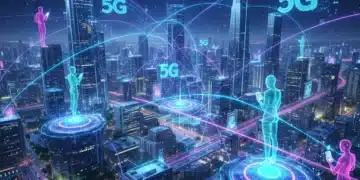 Futuristic city with glowing 5G network symbols connecting mobile users, representing widespread 5G adoption.