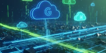 Futuristic cloud storage network with interconnected data streams and floating cloud icons.