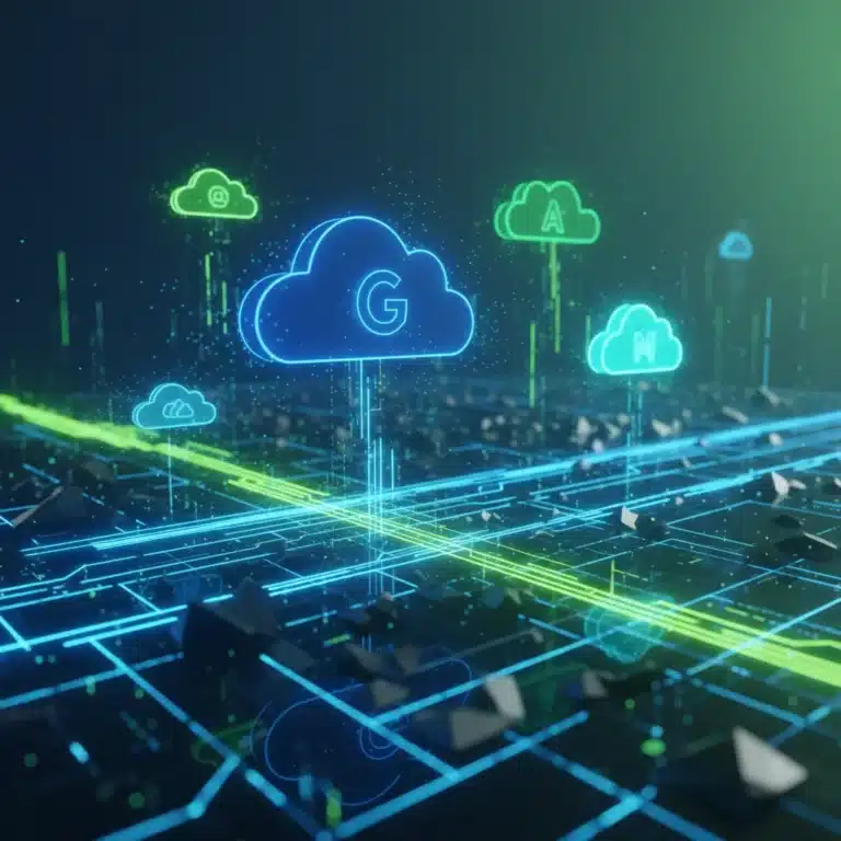 Futuristic cloud storage network with interconnected data streams and floating cloud icons.