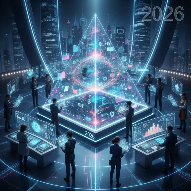 Futuristic digital entertainment hub with diverse content streams in 2026