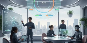 Futuristic digital learning interface with personalized progress bars and diverse learners