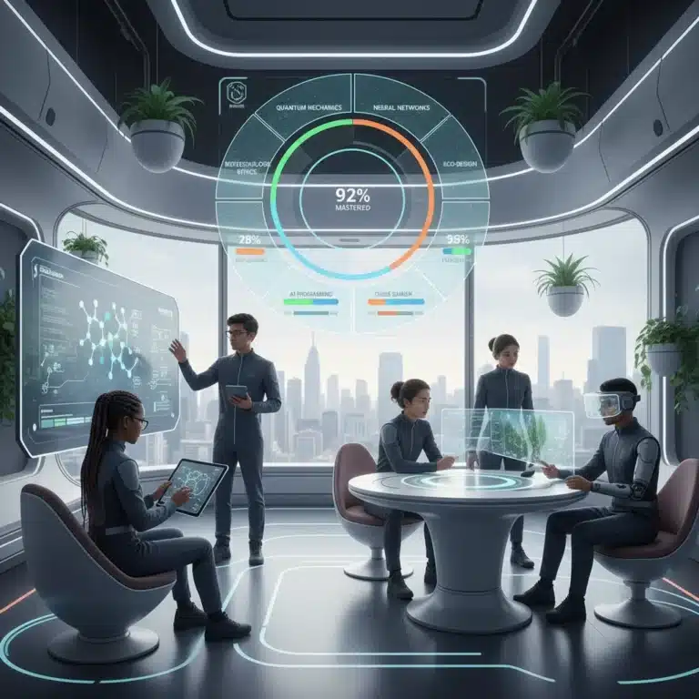 Futuristic digital learning interface with personalized progress bars and diverse learners