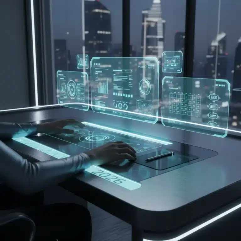 Futuristic desk with holographic screens showcasing digital productivity tools for 2026.