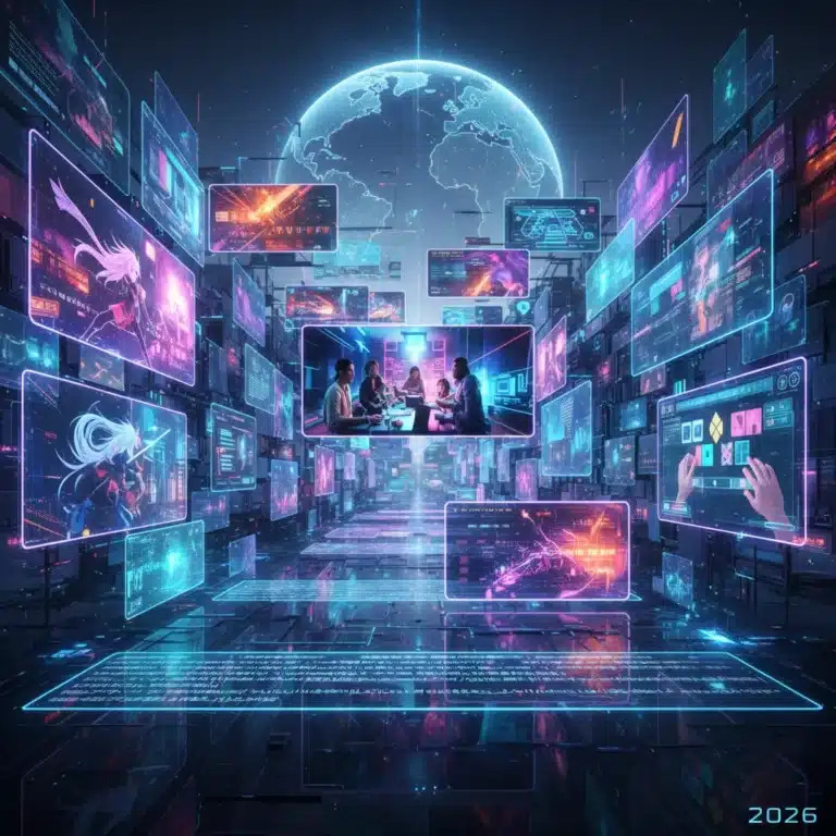 Futuristic digital storytelling platforms connecting global audiences