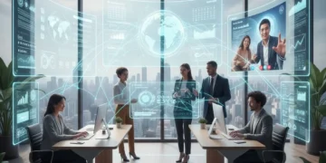 Futuristic digital workspace with integrated productivity tools and collaborative teams.