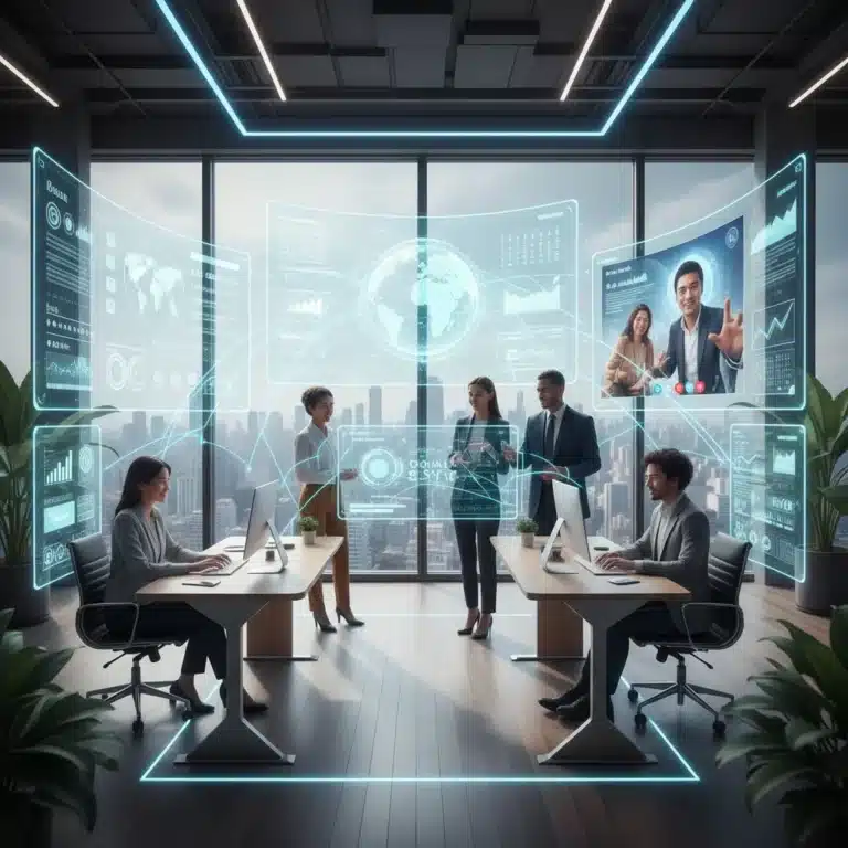 Futuristic digital workspace with integrated productivity tools and collaborative teams.