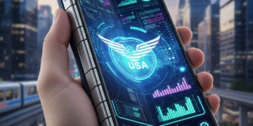Futuristic foldable phone with durable hinge and vibrant display in a user's hand, against a city backdrop.