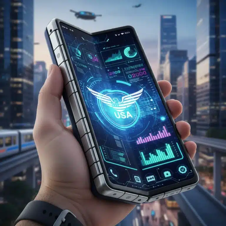Futuristic foldable phone with durable hinge and vibrant display in a user's hand, against a city backdrop.