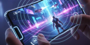 Futuristic smartphone with haptic feedback in mobile gaming in 2026