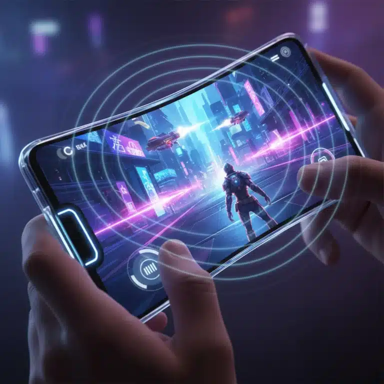 Futuristic smartphone with haptic feedback in mobile gaming in 2026