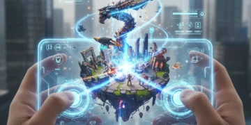 Futuristic mobile phone displaying a high-fidelity 3D game, emphasizing advanced mobile gaming.