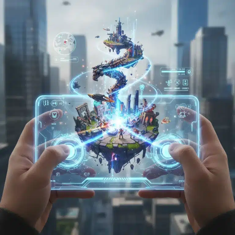 Futuristic mobile phone displaying a high-fidelity 3D game, emphasizing advanced mobile gaming.