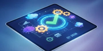 Futuristic tablet displaying new productivity app features for Q1 2026
