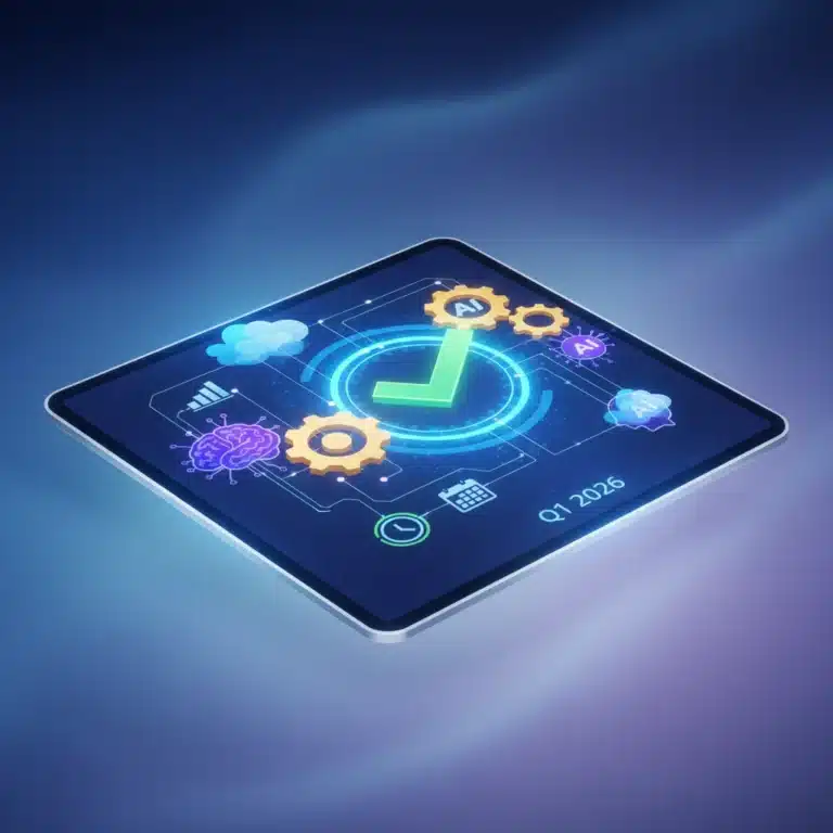 Futuristic tablet displaying new productivity app features for Q1 2026