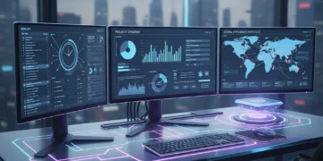 Futuristic desk with screens showing productivity apps for 2026