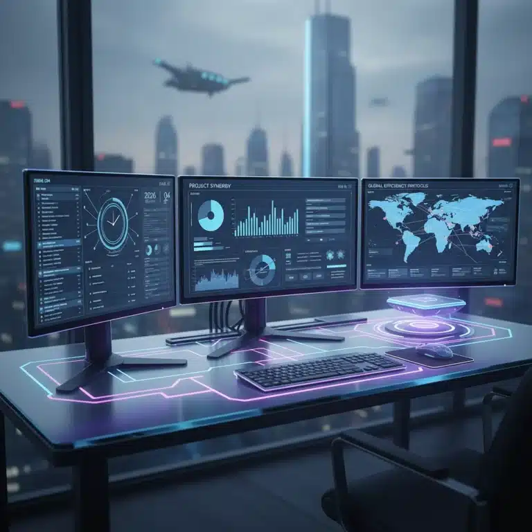 Futuristic desk with screens showing productivity apps for 2026