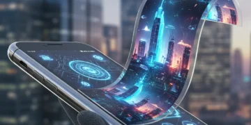 Futuristic smartphone with a flexible, rollable display extending from its body, set against a modern urban backdrop.
