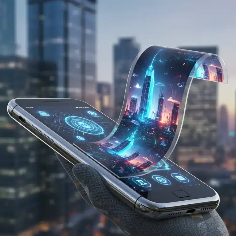 Futuristic smartphone with a flexible, rollable display extending from its body, set against a modern urban backdrop.