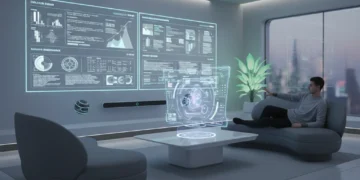 Futuristic smart home interior with integrated digital interfaces and a person interacting with technology.