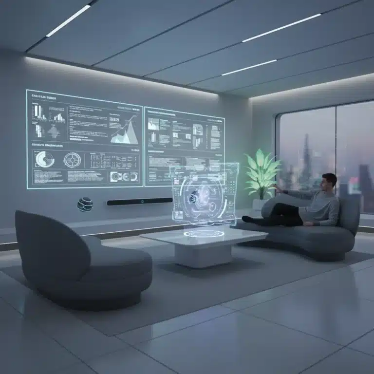 Futuristic smart home interior with integrated digital interfaces and a person interacting with technology.