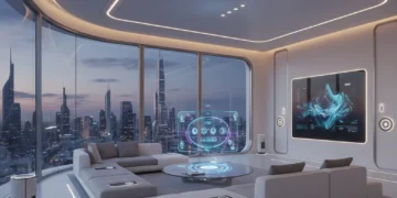 Futuristic living room with integrated smart home devices and holographic controls
