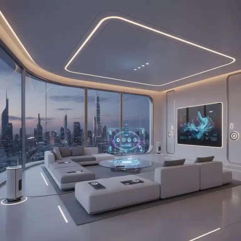Futuristic living room with integrated smart home devices and holographic controls
