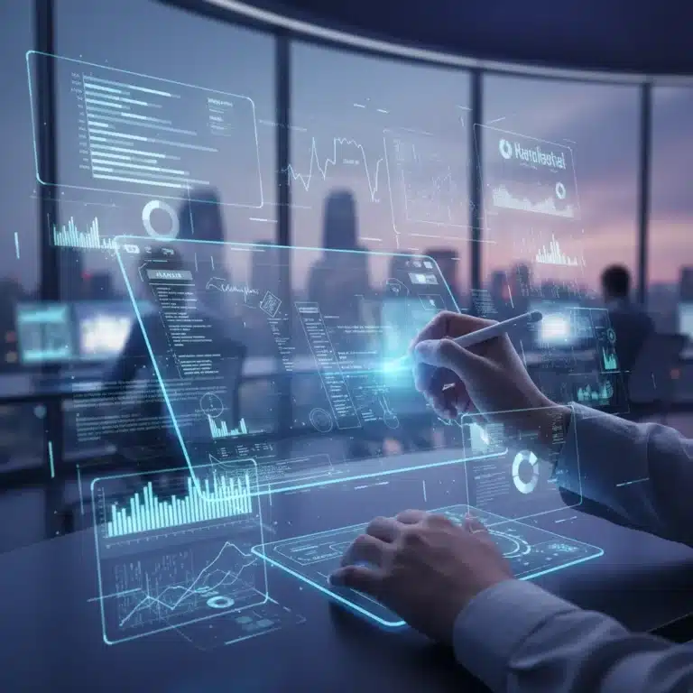 Futuristic smart note-taking app interface on tablet with holographic data