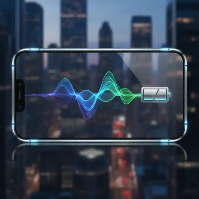 Futuristic smartphone with energy flowing into battery icon, representing mobile battery innovations 2026.