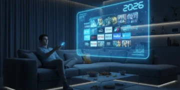 Futuristic living room with a person enjoying advanced streaming features on a holographic screen in 2026.