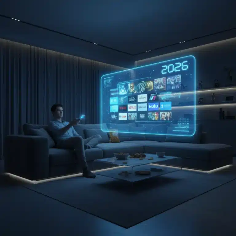 Futuristic living room with a person enjoying advanced streaming features on a holographic screen in 2026.