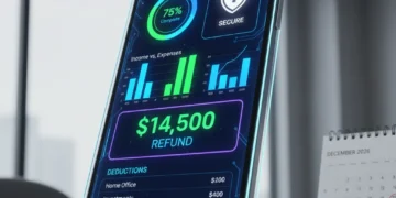 Futuristic tax preparation app on a smartphone, indicating smart tax filing for 2026.