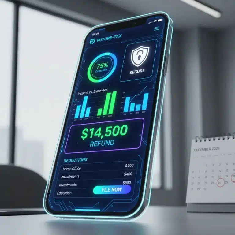 Futuristic tax preparation app on a smartphone, indicating smart tax filing for 2026.