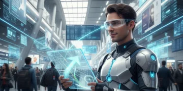 Futuristic traveler using a transparent tablet in a smart airport