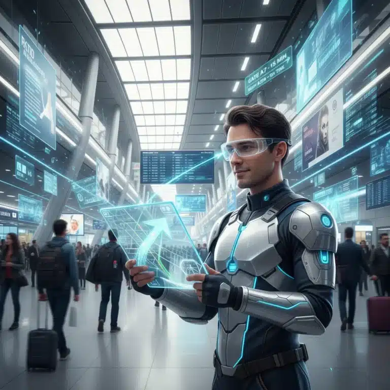 Futuristic traveler using a transparent tablet in a smart airport