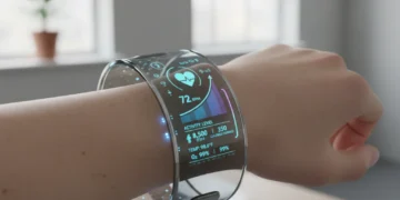 Futuristic wearable device displaying digital health metrics in 2026
