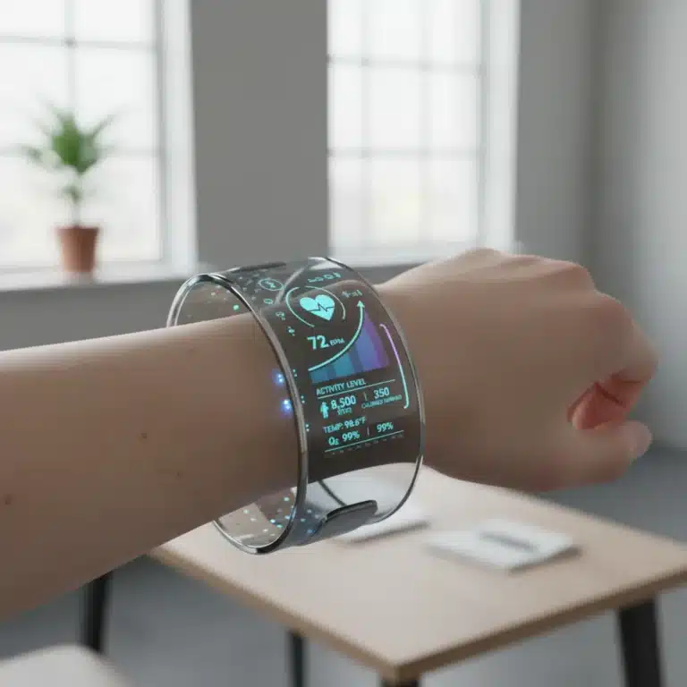 Futuristic wearable device displaying digital health metrics in 2026