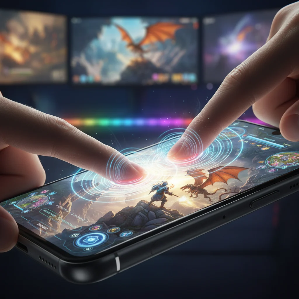 Gamer's fingers experiencing advanced haptic feedback on a mobile device