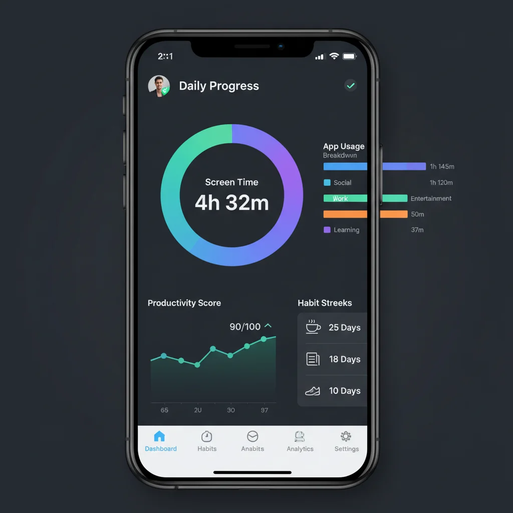 Digital habit tracking app dashboard with detailed usage statistics