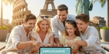 Happy travelers using a tablet to plan their Summer 2026 vacation itinerary with a beautiful world map in the background.