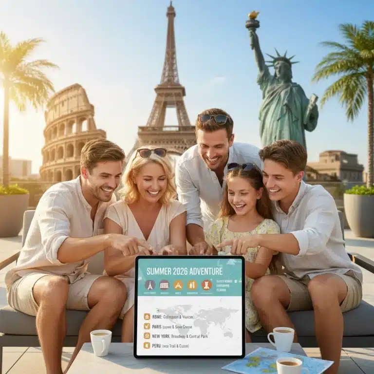 Happy travelers using a tablet to plan their Summer 2026 vacation itinerary with a beautiful world map in the background.